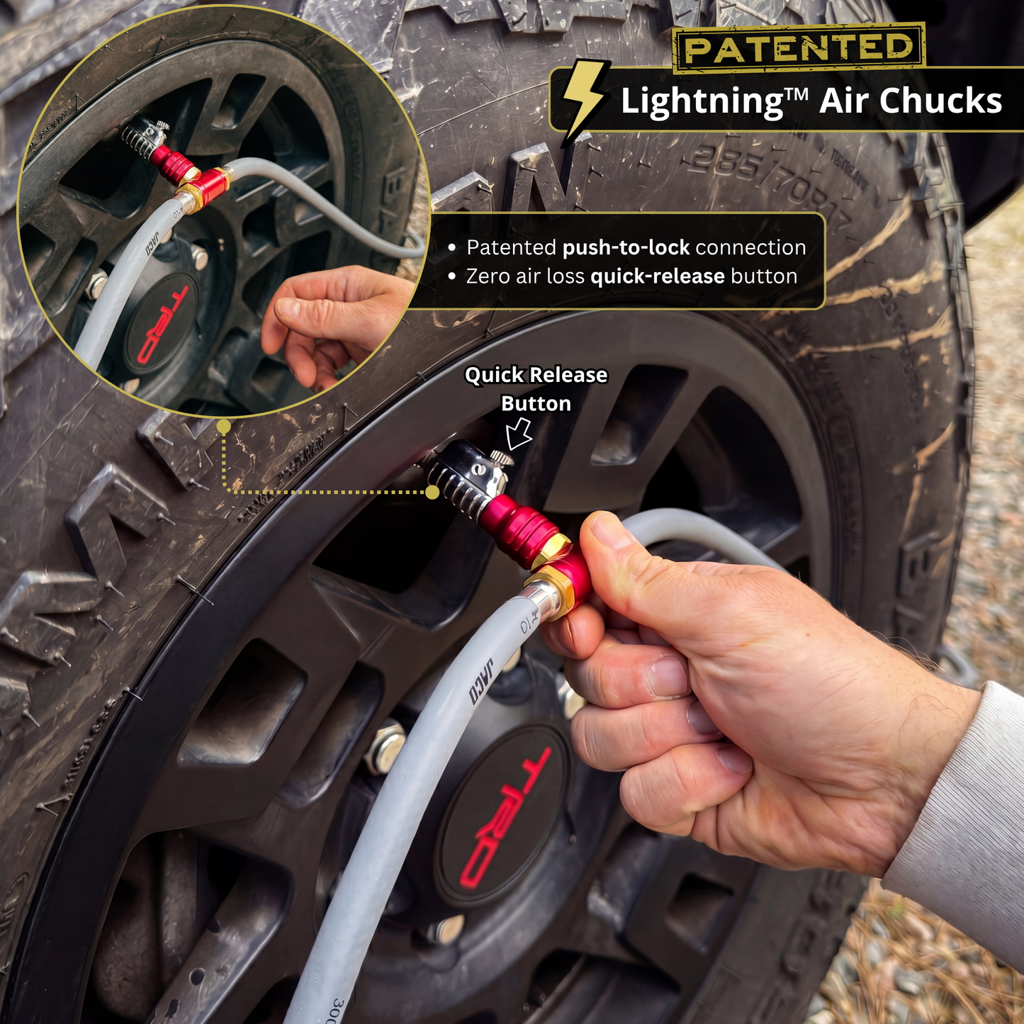 JACO 4-Tire Inflation/Deflation System with Lightning Air Chucks and dual hoses on tire on Tampa Home & Garden Store