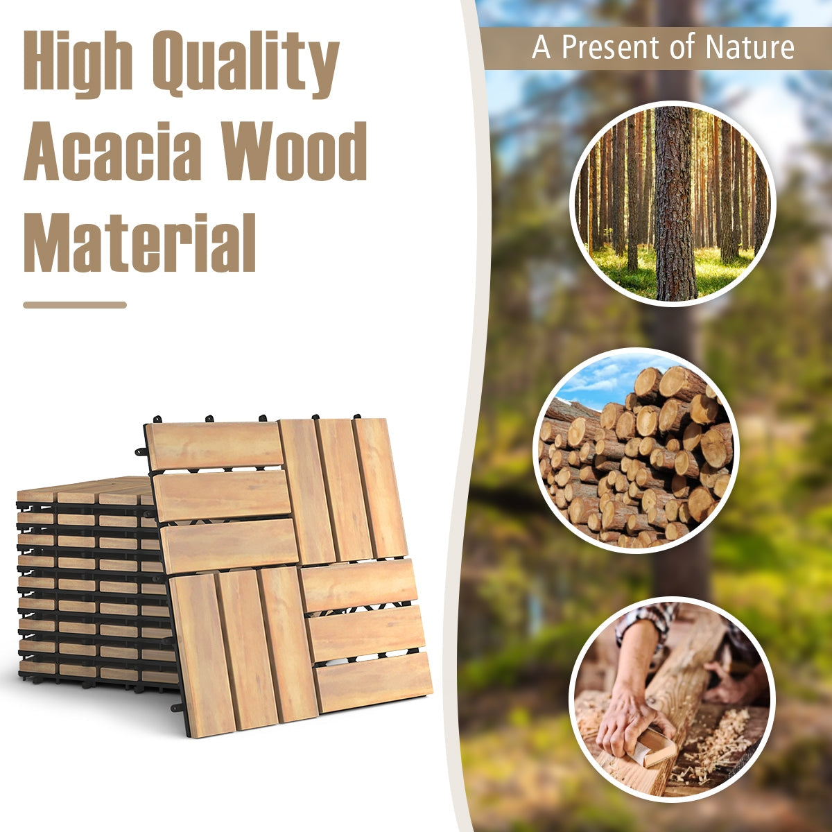 10 piezas de baldosas entrelazadas de 12 x 12 pulgadas de madera de acacia para terraza
