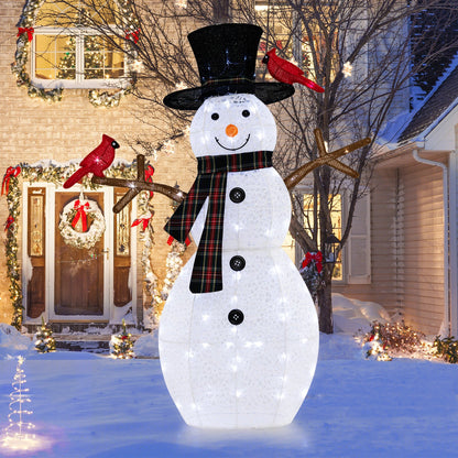 4.2 ft lighted snowman with black top hat and plaid scarf, 2 red cardinals in a snowy yard on Tampa Home & Garden Store