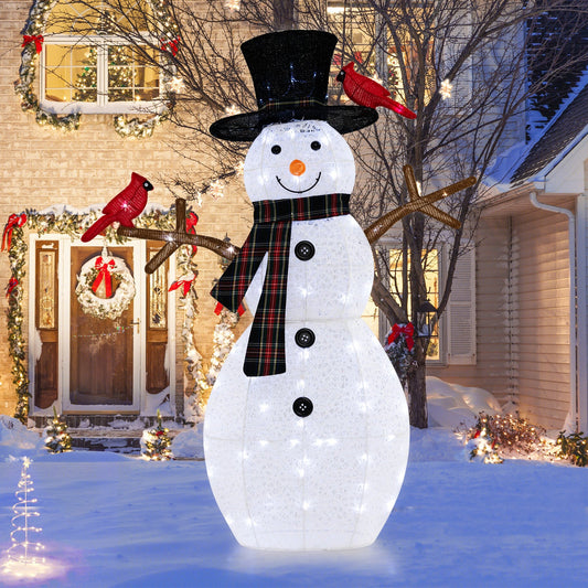 4.2 ft lighted snowman with black top hat and plaid scarf, 2 red cardinals in a snowy yard on Tampa Home & Garden Store