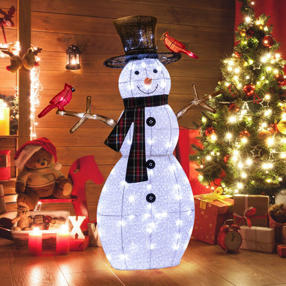 4.2 ft illuminated snowman with plaid scarf and tall hat, red cardinal on its arm, festive scene on Tampa Home & Garden Store