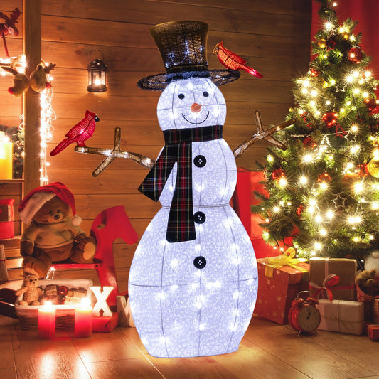 4.2 ft illuminated snowman with plaid scarf and tall hat, red cardinal on its arm, festive scene on Tampa Home & Garden Store