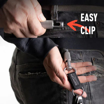 GPCA X-Clip Keychain Set EDC metal clip with black tag on belt loop on Tampa Home & Garden Store