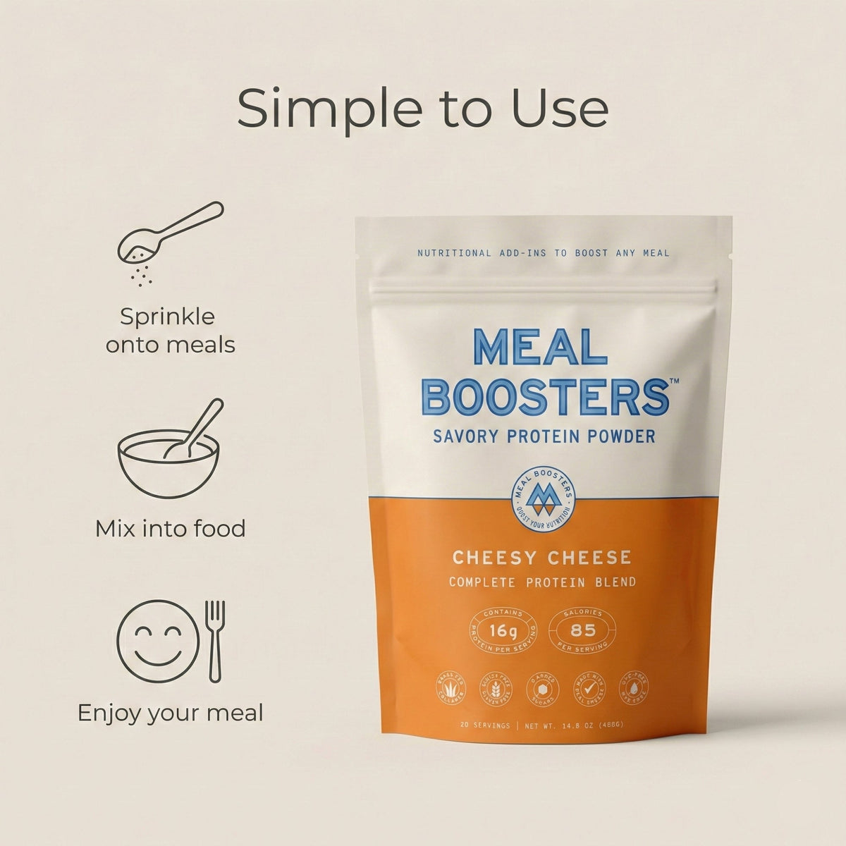 Cheesy Cheese collagen+ protein blend protein powder by Meal Boosters in orange pouch on Tampa Home & Garden Store