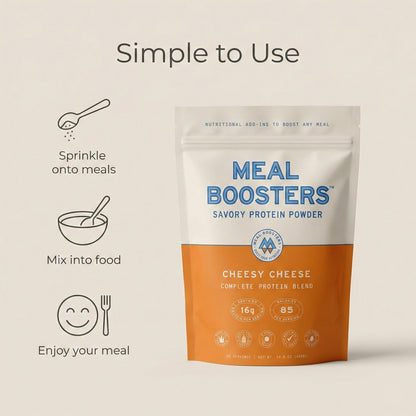 Cheesy Cheese collagen+ protein blend protein powder by Meal Boosters in orange pouch on Tampa Home & Garden Store