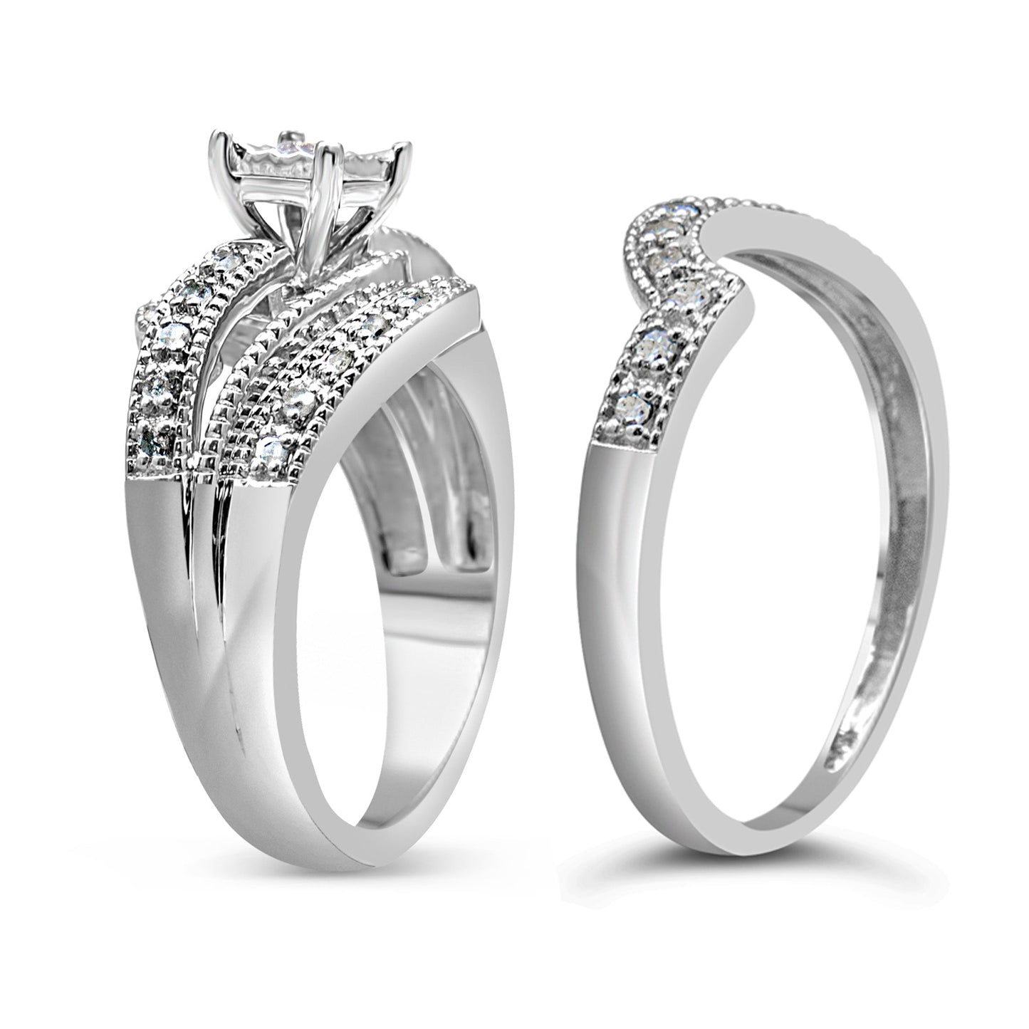 Bridal set: sterling silver engagement ring with crisscross pavé diamonds, 1/3 cttw, size 7 on Tampa Home & Garden Store