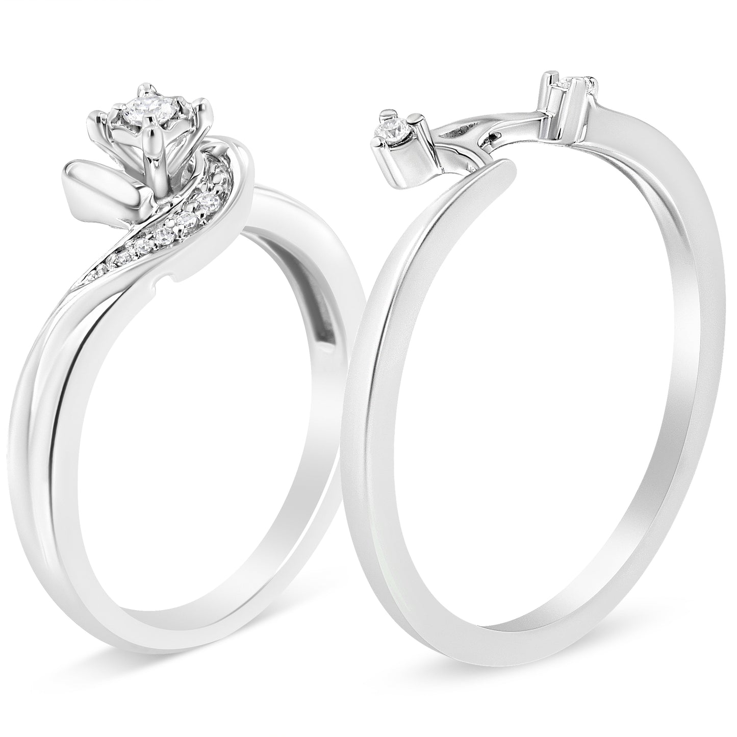 Sterling silver two-ring bridal set with solitaire diamond and swirl band, pave diamonds on Tampa Home & Garden Store