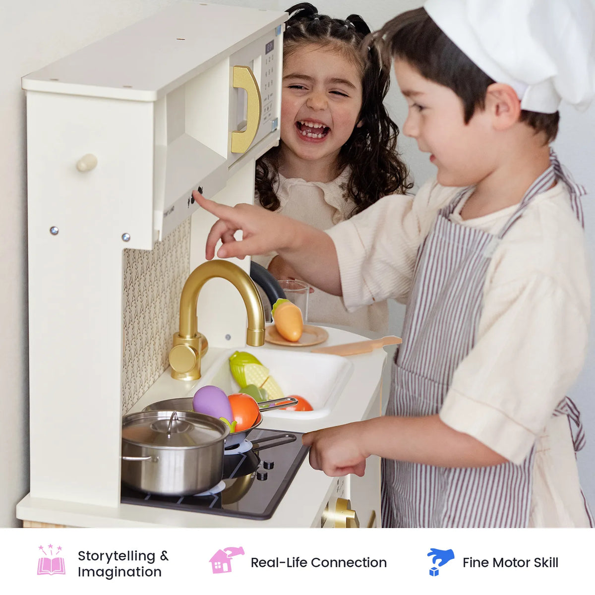 Tiny Land PopJoy Play Kitchen white toy kitchen with gold faucet; kids cooking with pots and veggies on Tampa Home & Garden Store