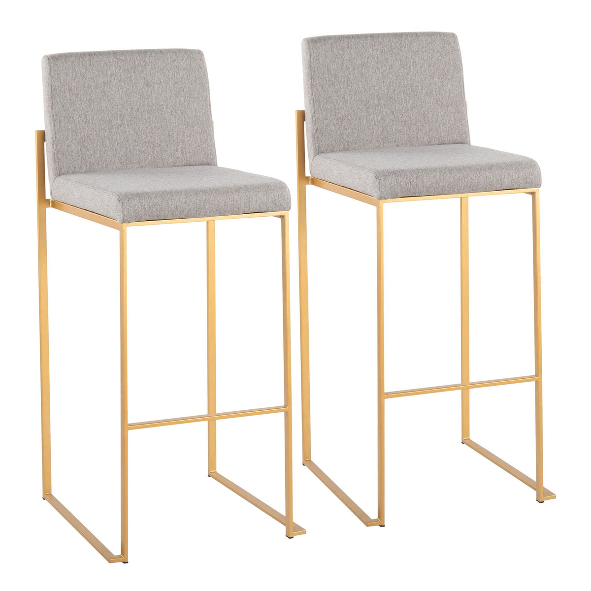 Contemporary high-back upholstered barstool set in gray fabric with gold metal frames, 3 stools on Tampa Home & Garden Store