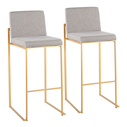 Contemporary high-back upholstered barstool set in gray fabric with gold metal frames, 3 stools on Tampa Home & Garden Store