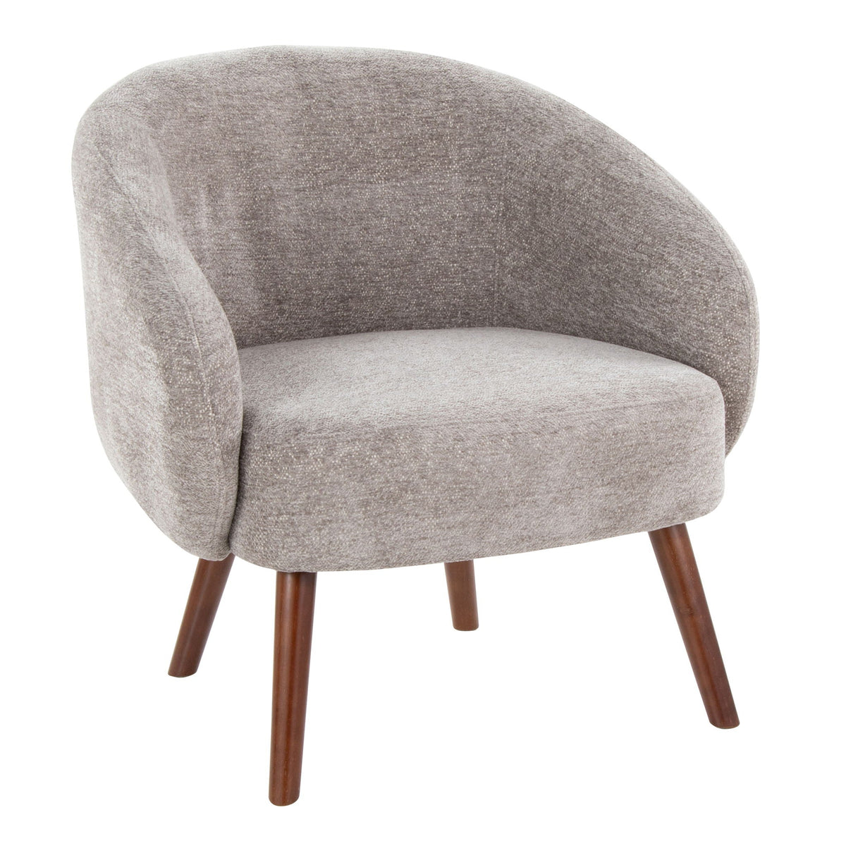 Elegant lounge chair gray plush upholstery with curved arms and wood legs on Tampa Home & Garden Store