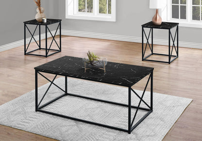 Table set of 3 coffee, end and side tables with black metal frames and marble-look laminate tops on Tampa Home & Garden Store