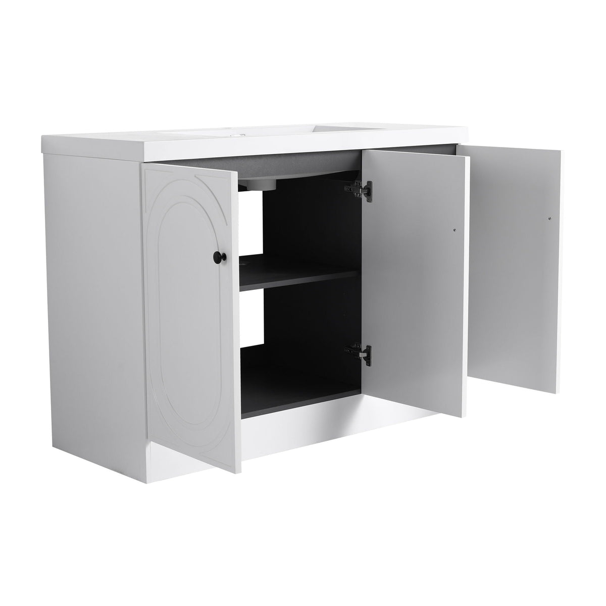 Freestanding bath vanity with resin sink and white two-door cabinet opens to dark interior on Tampa Home & Garden Store