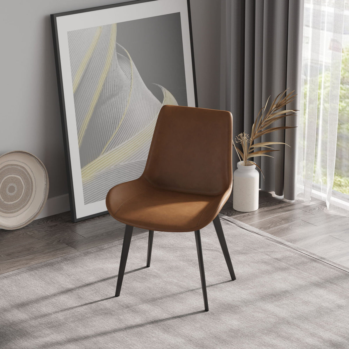 Modern dining chairs set of 2 with brown leather seats and black legs in living room by art on Tampa Home & Garden Store