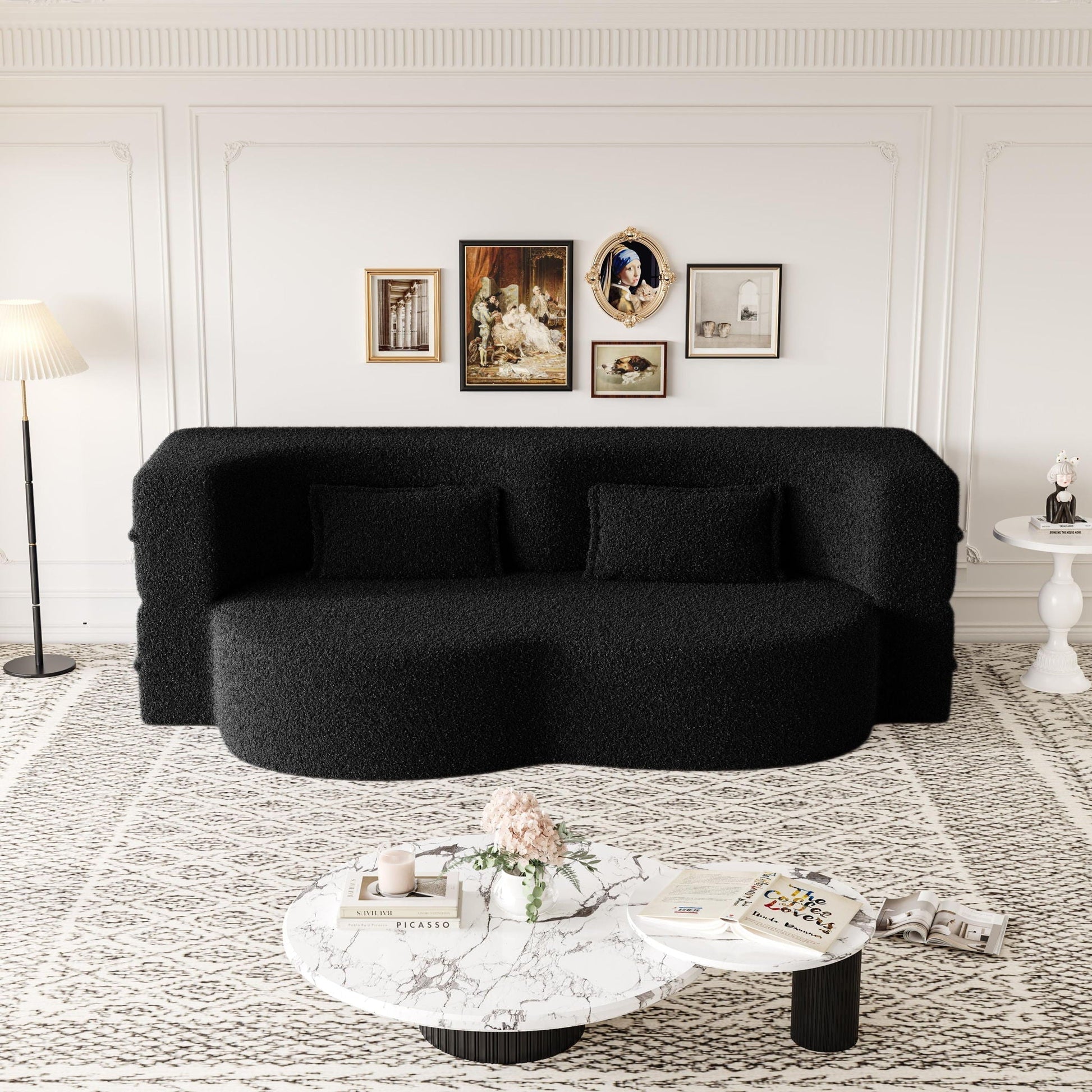 Modern floor futon sofa in black teddy fabric with two pillows on Tampa Home & Garden Store