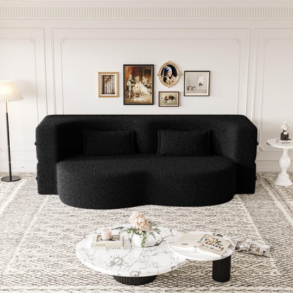 Modern floor futon sofa in black teddy fabric with two pillows on Tampa Home & Garden Store