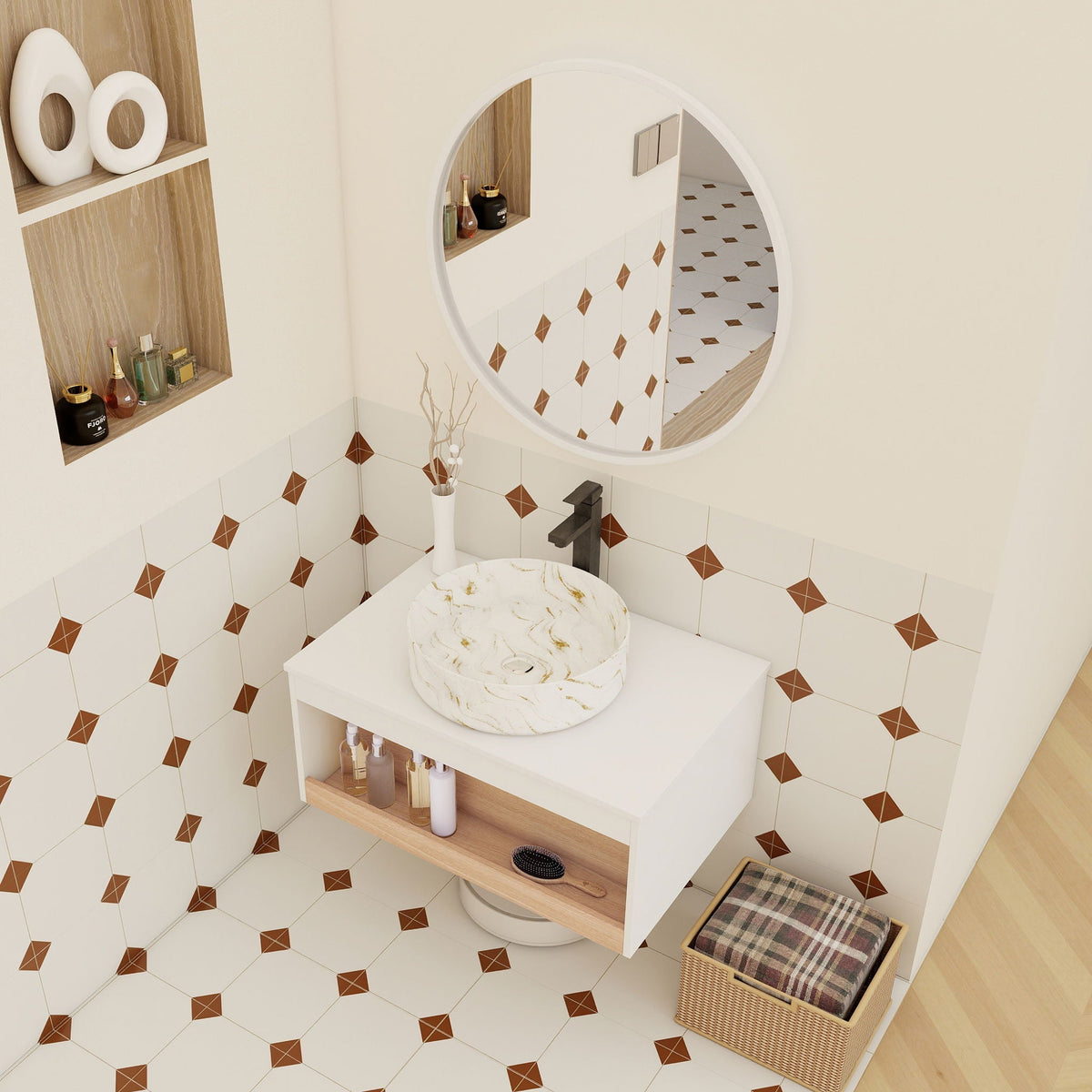 Floating bathroom vanity with vessel sink by HouseOfZazla, white finish and wood shelf on Tampa Home & Garden Store