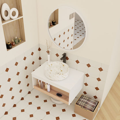 Floating bathroom vanity with vessel sink by HouseOfZazla, white finish and wood shelf on Tampa Home & Garden Store