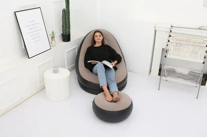 Lazy Bean Bag Inflatable Sofa by FLIPSTYLEZLLC beige with black base and round ottoman lounge on Tampa Home & Garden Store