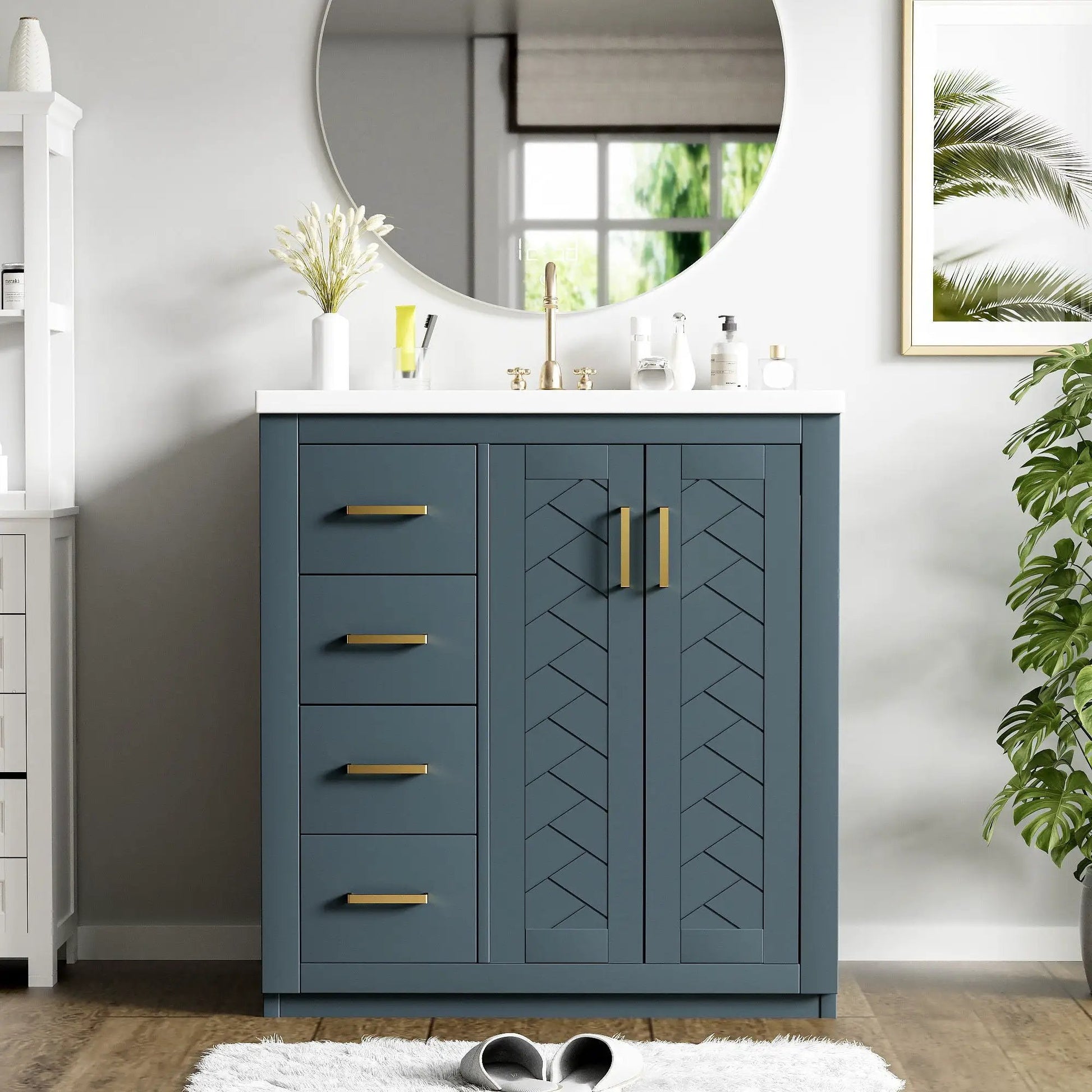 Ceramic Sink Combo vanity in blue with 3 drawers, chevron-front doors and gold handles on Tampa Home & Garden Store