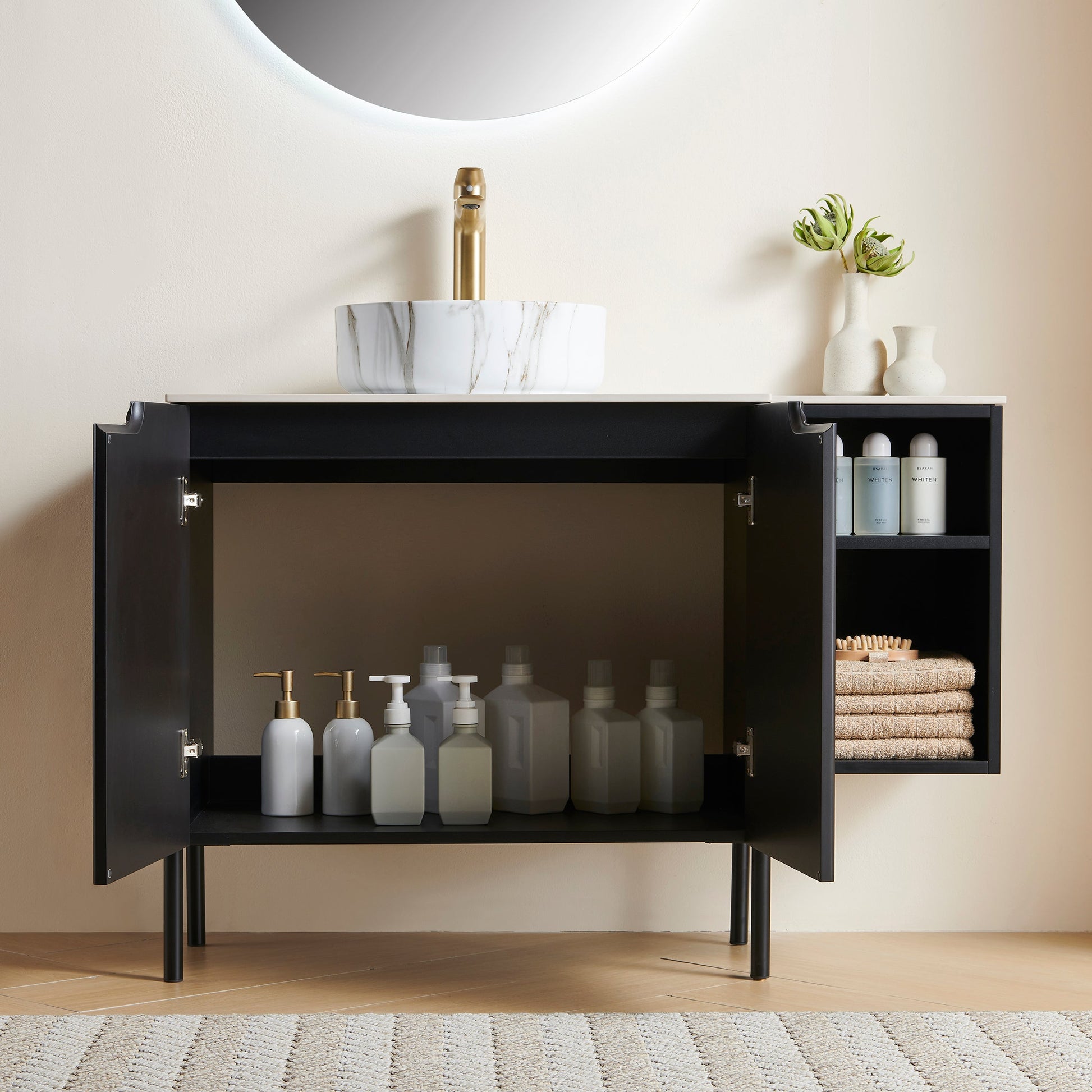 Turio 42in bathroom storage cabinet by HouseOfZazla black finish with white marble sink and brass faucet on Tampa Home & Garden Store