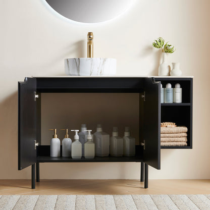 Turio 42in bathroom storage cabinet by HouseOfZazla black finish with white marble sink and brass faucet on Tampa Home & Garden Store