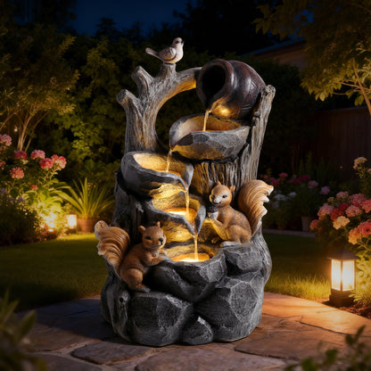 Squirrel outdoor water fountain with lights, stone-textured sculpture with flowing water on Tampa Home & Garden Store