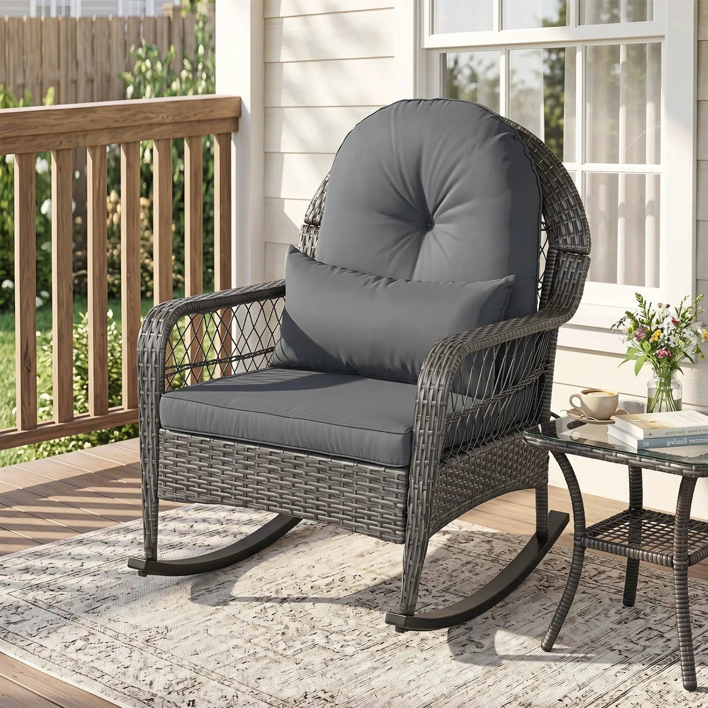 Patio Rattan Rocking Chair with Cushions