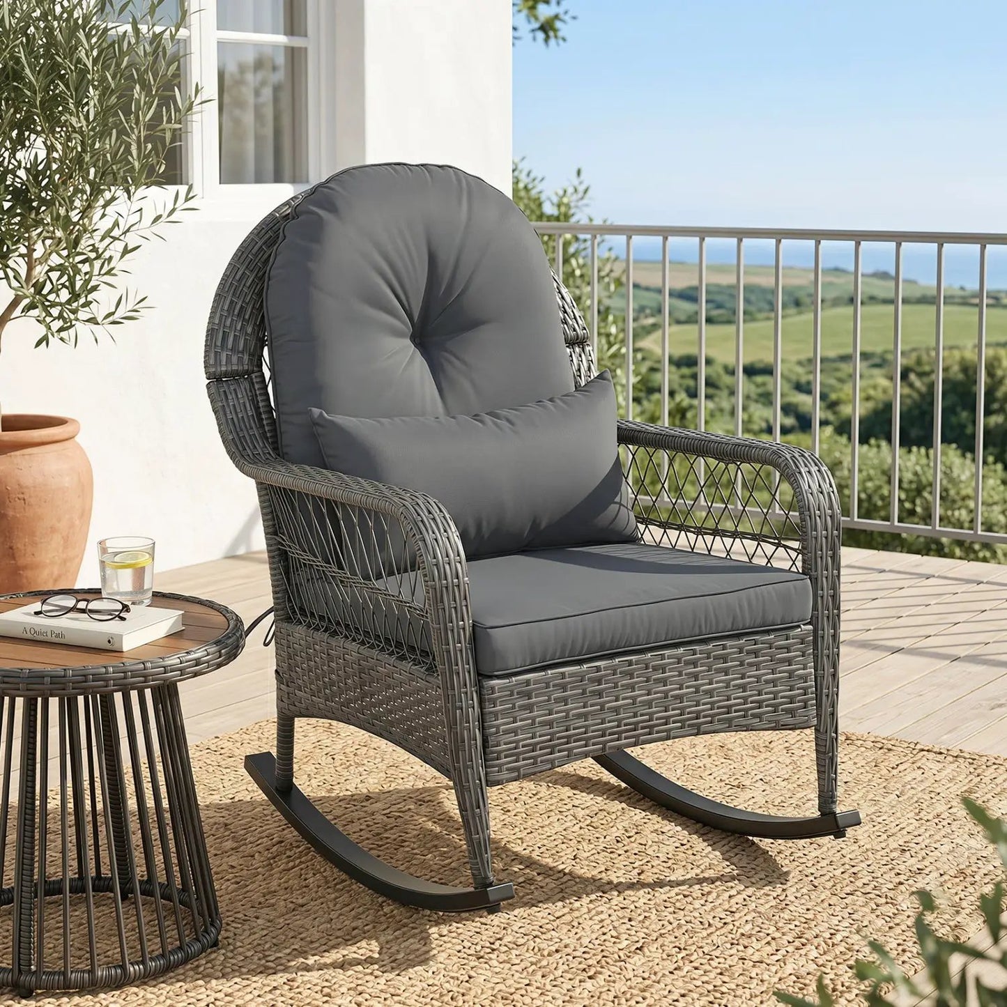 Patio Rattan Rocking Chair with Cushions