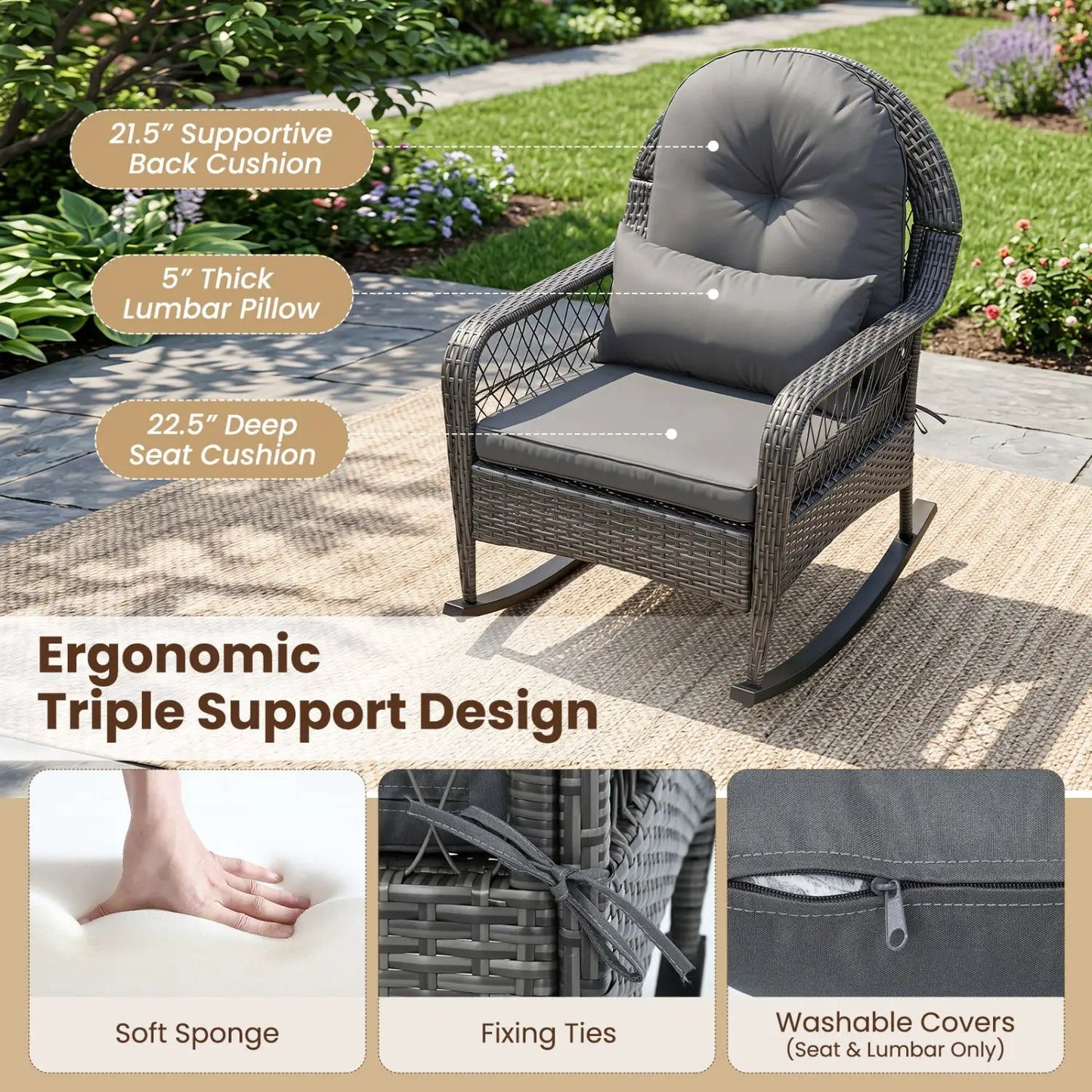 Patio Rattan Rocking Chair with Cushions