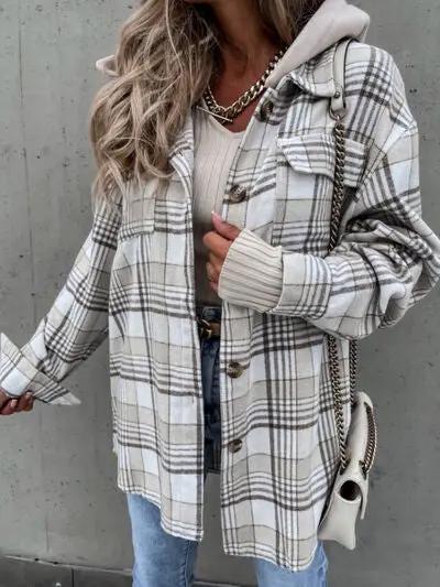 Vintage Plaid Button Up Jacket With Hood