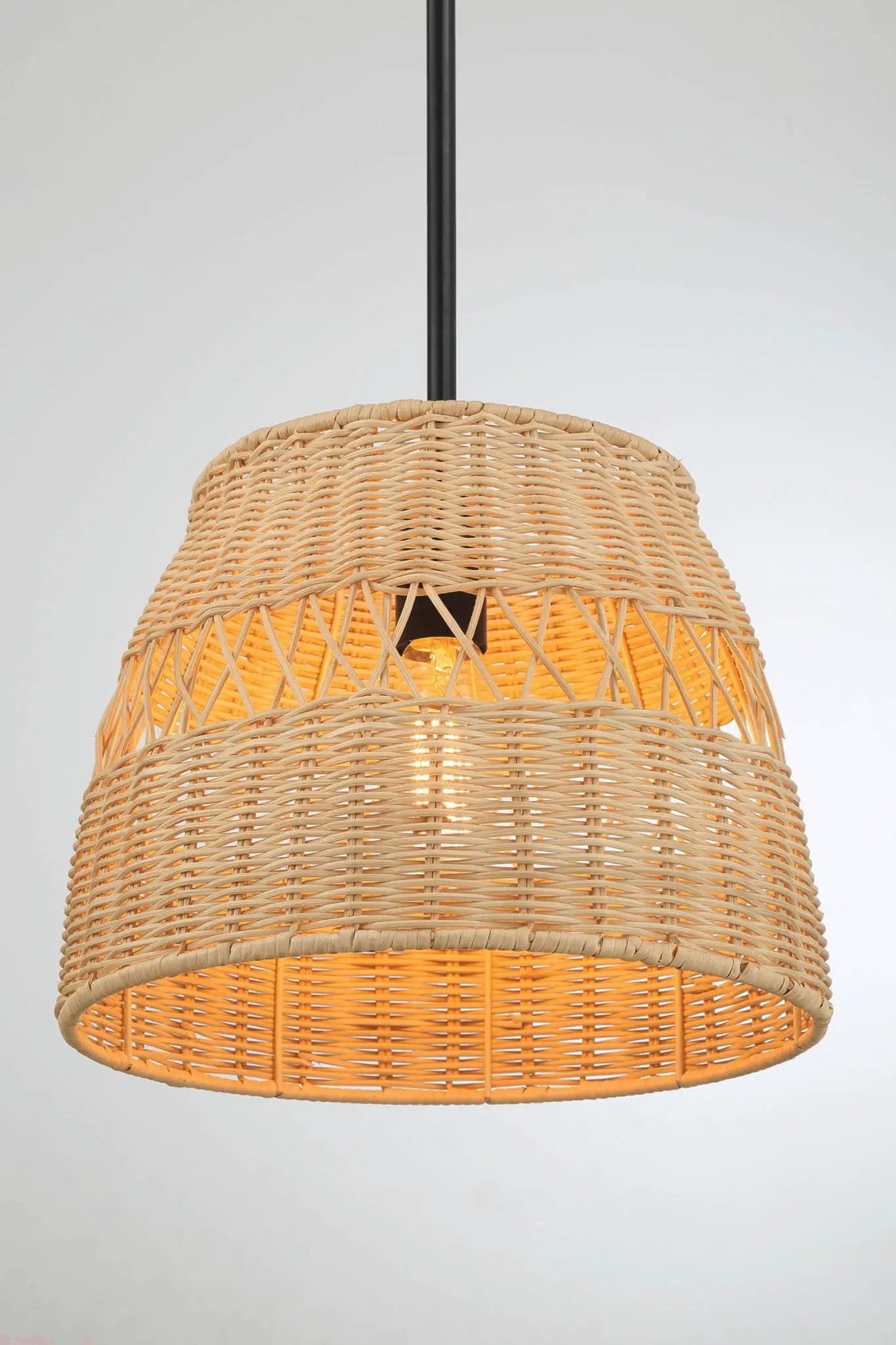 Essence pendant light with shade: black stem and natural woven rattan shade, single fixture on Tampa Home & Garden Store