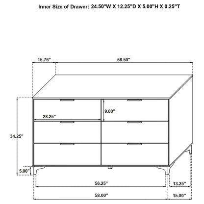 James 4 Piece Bedroom Set by HouseOfZazla; dresser with six drawers and metal pulls on Tampa Home & Garden Store