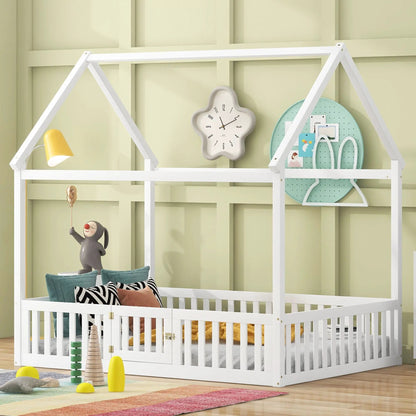 Wood House Bed with Fence and Door Sky Roof