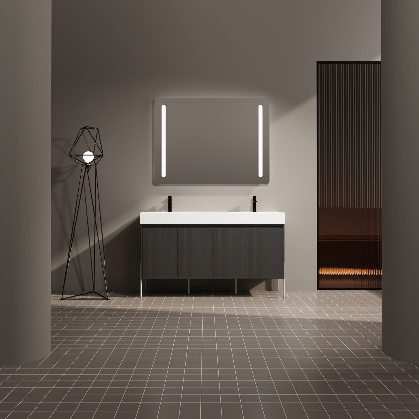 Freestanding bathroom vanity with resin sink and dark wood storage cabinet, black faucet, LED mirror on Tampa Home & Garden Store