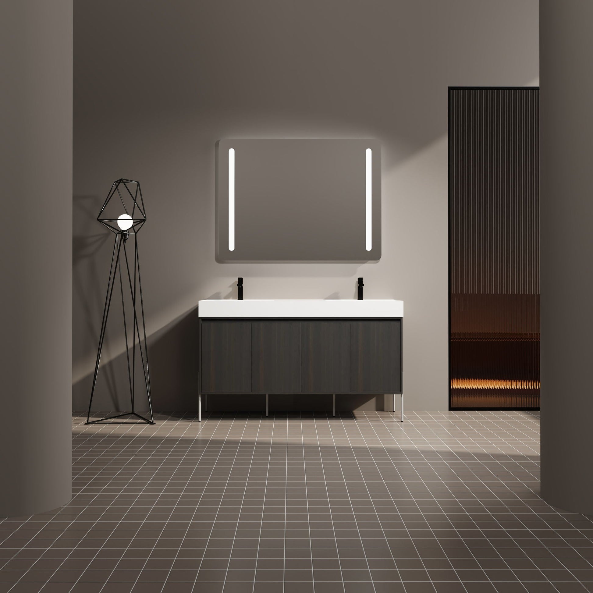 Freestanding bathroom vanity with resin sink and dark wood storage cabinet, black faucet, LED mirror on Tampa Home & Garden Store