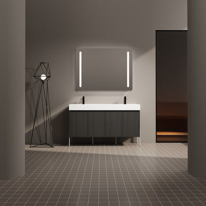 Freestanding bathroom vanity with resin sink and dark wood storage cabinet, black faucet, LED mirror on Tampa Home & Garden Store
