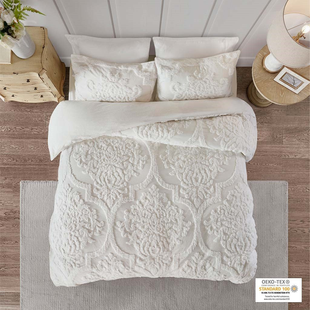 Tufted chenille damask duvet cover set King/Cal King 3pc off-white with shams on Tampa Home & Garden Store