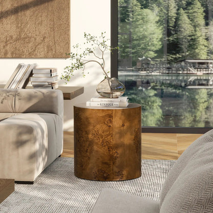 Nebula Accent Oval Pillar Side Table burl wood pedestal with glass vase and books on Tampa Home & Garden Store