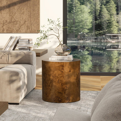 Accent oval pillar side table in dark burl wood veneer beside a beige sofa on Tampa Home & Garden Store