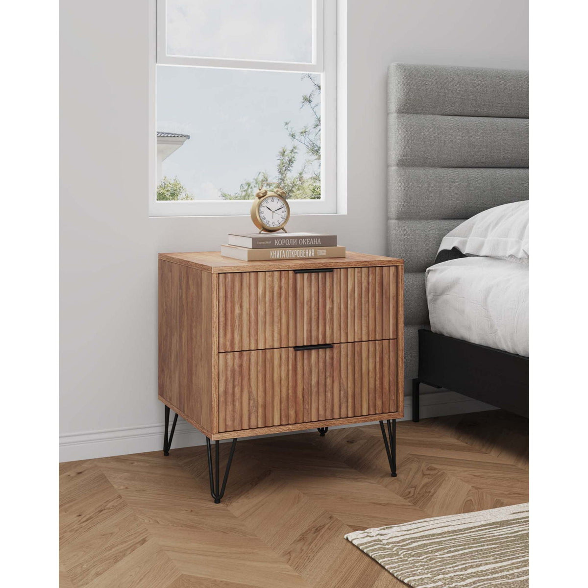 Dumbo Nightstand 2-drawer with fluted fronts in natural wood, hairpin legs by HouseOfZazla on Tampa Home & Garden Store