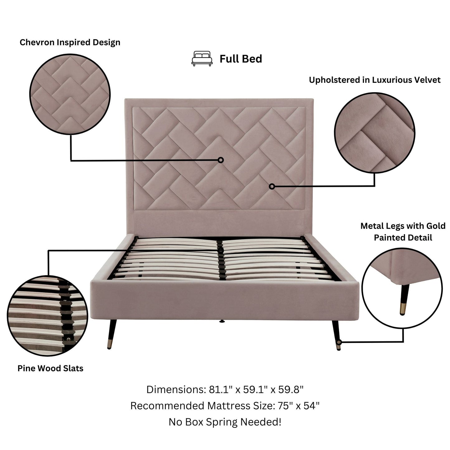 HouseOfZazla Crosby bed with chevron upholstered velvet headboard in blush pink, full size with pine wood slats on Tampa Home & Garden Store