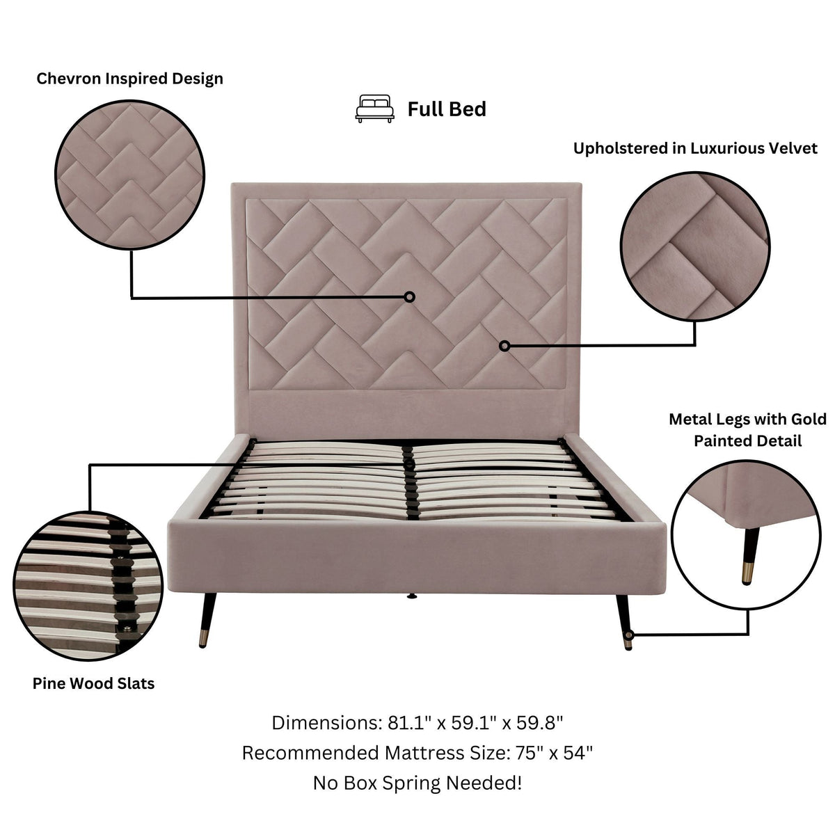 HouseOfZazla Crosby bed with chevron upholstered velvet headboard in blush pink, full size with pine wood slats on Tampa Home & Garden Store
