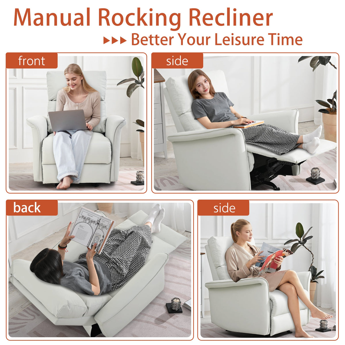 Manual Rocking Recliner Chair for Adults by HouseOfZazla, two light gray recliners shown front on Tampa Home & Garden Store