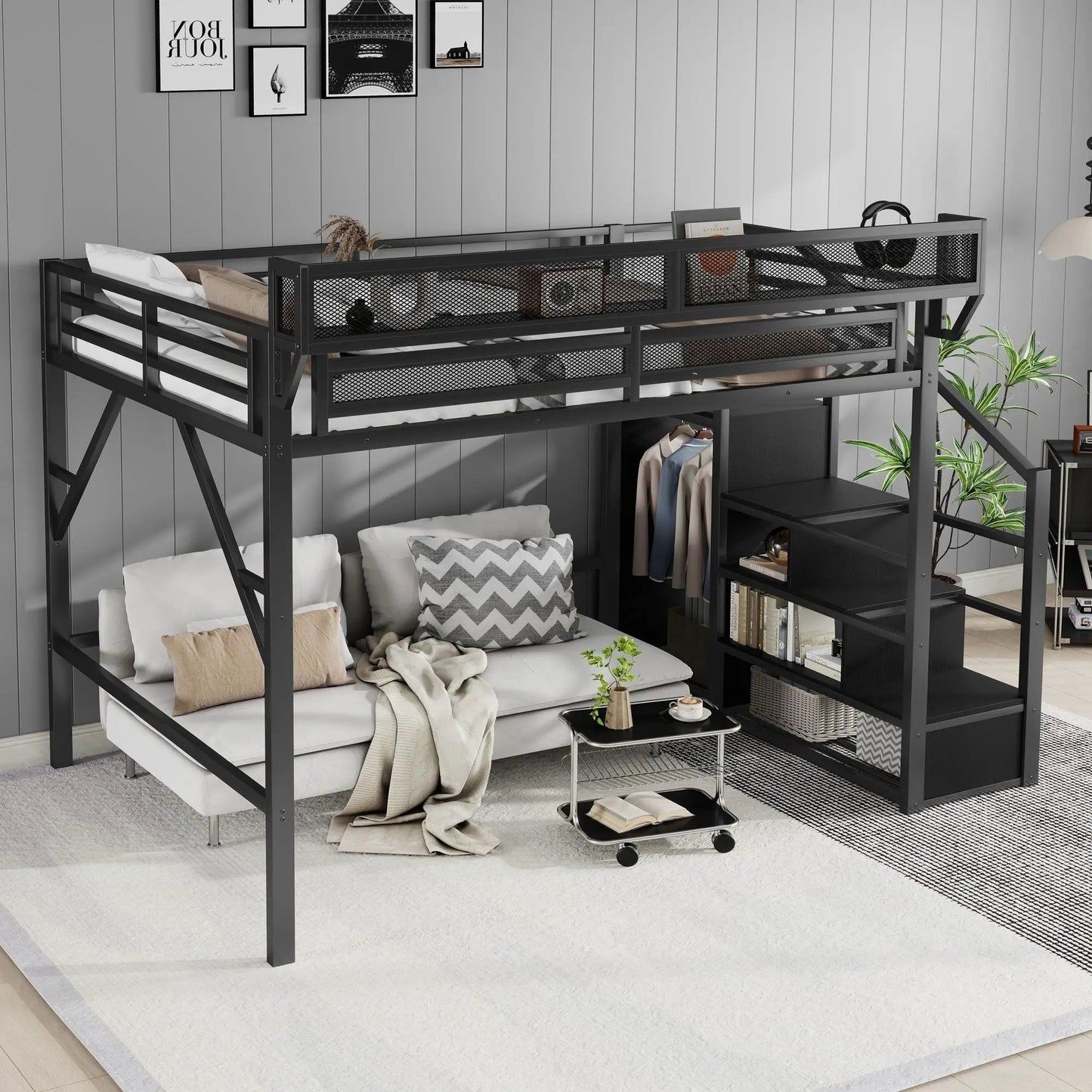 Queen Size Loft Bed With Stairs and Wardrobe