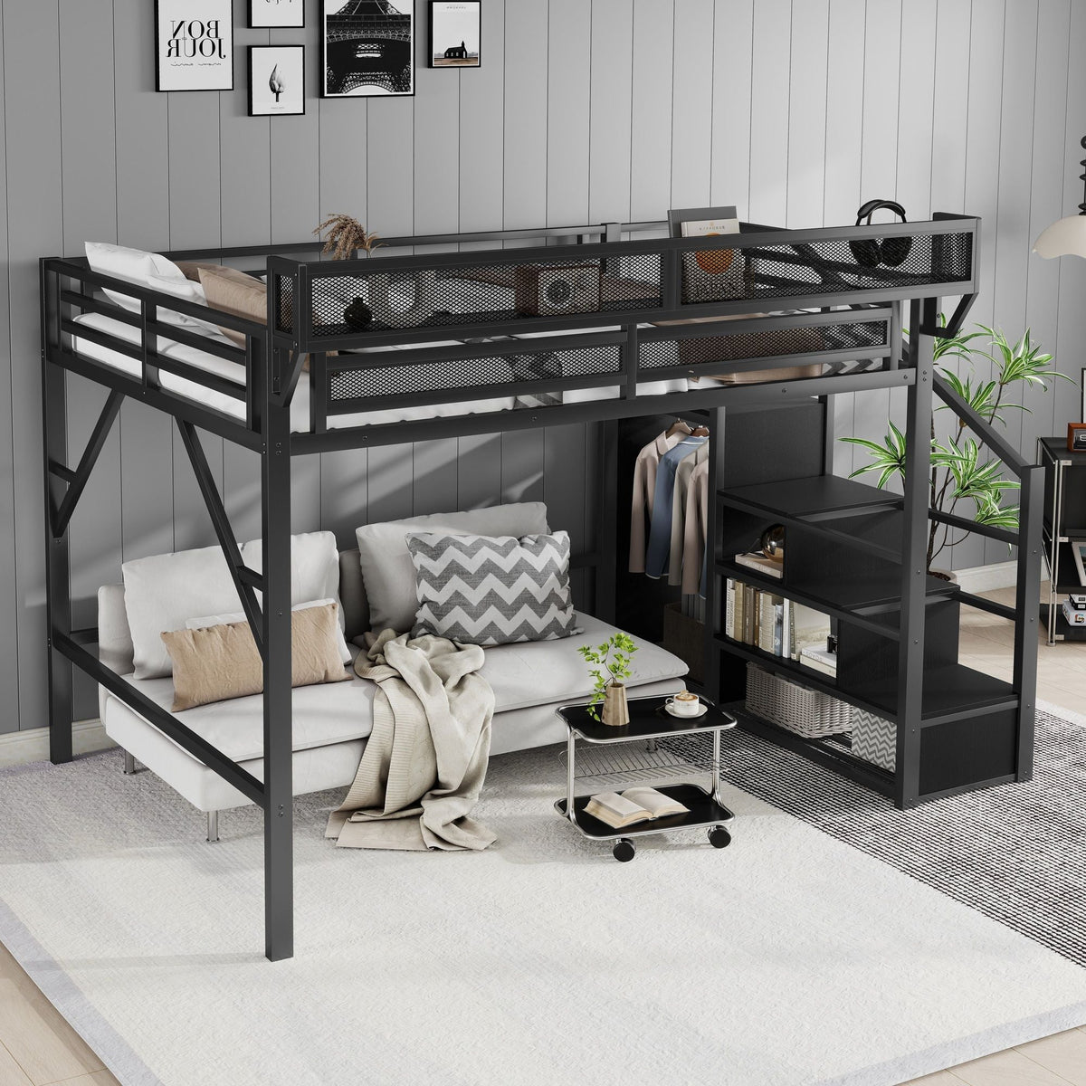 Queen Size Loft Bed by HouseOfZazla with Stairs in black metal storage shelves and wardrobe on Tampa Home & Garden Store