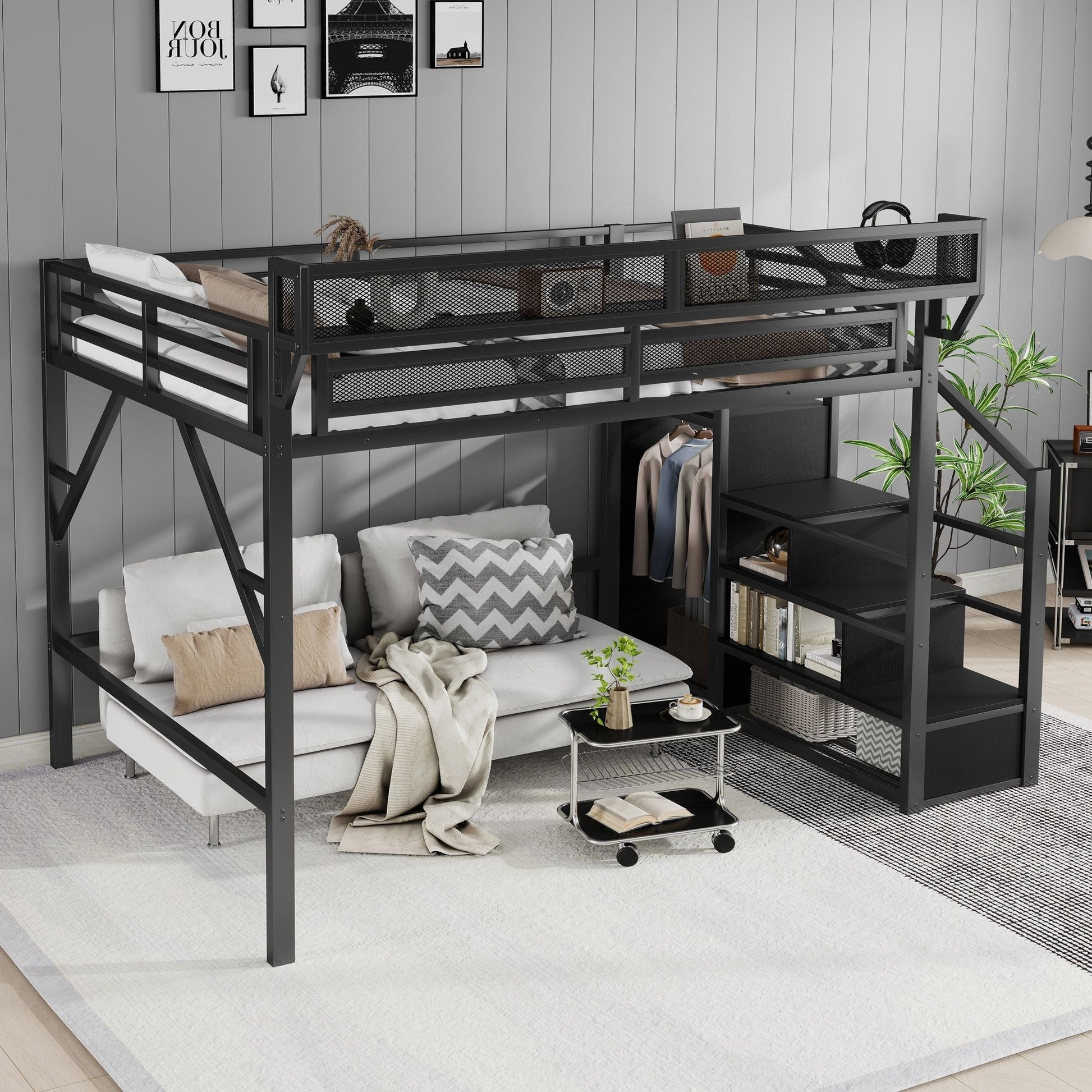 Queen Size Loft Bed by HouseOfZazla with Stairs in black metal storage shelves and wardrobe on Tampa Home & Garden Store