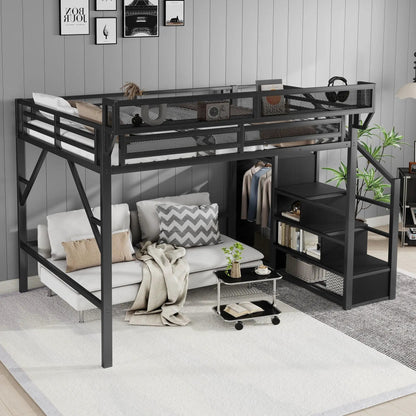 Loft Bed with Storage Shelves and Wardrobe