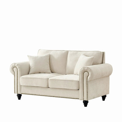 2-Seater sofa with rolled arms, tufted beige upholstery and nailhead trim with dark feet on Tampa Home & Garden Store