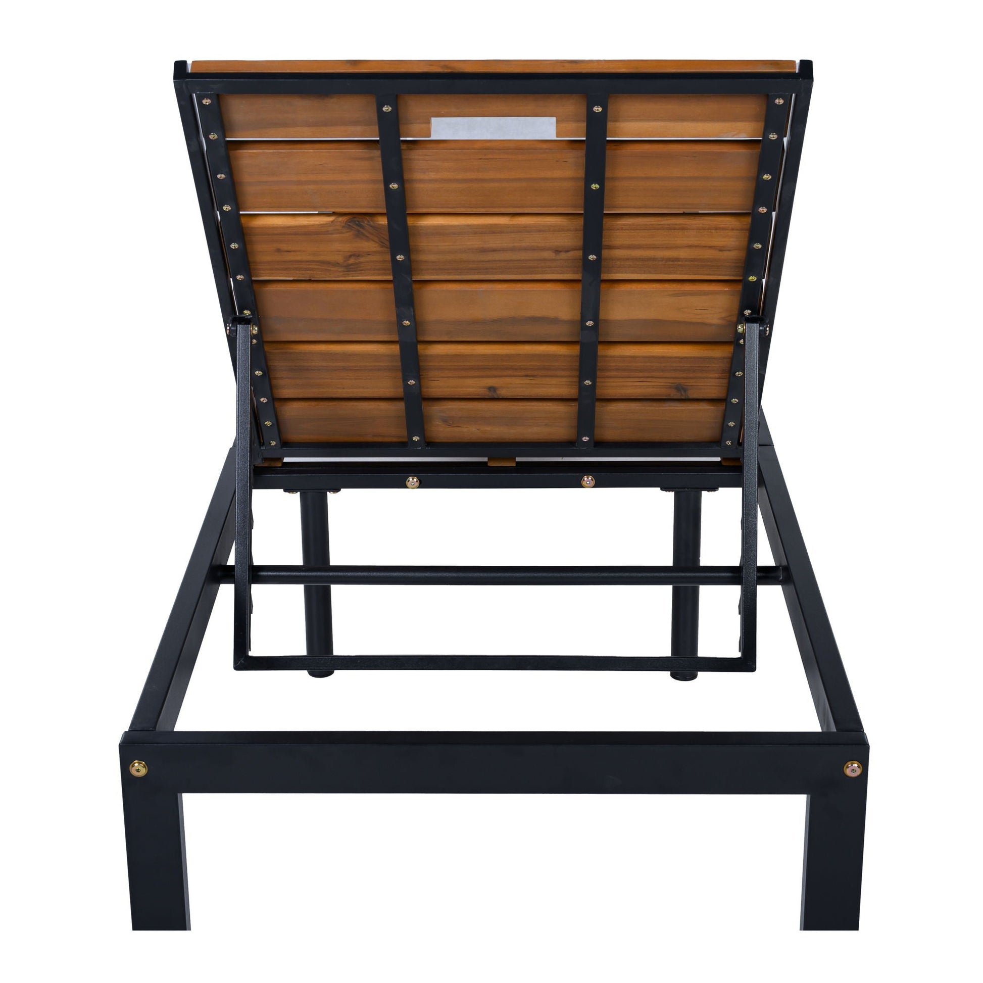 Outdoor Chaise With Adjustable Backrest, wood slat seat and black metal frame on Tampa Home & Garden Store